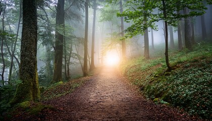 Obraz premium misty forest path to serenity a misty forest path symbolizes mystery tranquility journey hope and nature s embrace the path leads towards a bright light in the distance