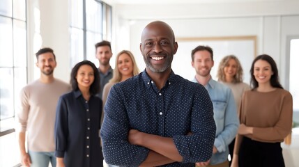 Confident African American team leader stands at the front of a diverse group of professionals in a bright, modern office