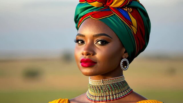 African Woman in Headwrap: A striking portrait of a young African woman adorned in a vibrant headwrap and traditional jewelry, exuding confidence and grace.