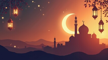 Minimalist Design Featuring the Greeting Eid Al Adha, Dark Background with Lantern and silhouette Mosque
