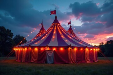 Striped canvas circus tent under a twilight sky, festival, sky
