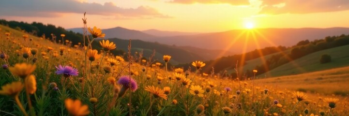 Golden hour light bathes wildflowers, rolling hills , tranquil, idyllic