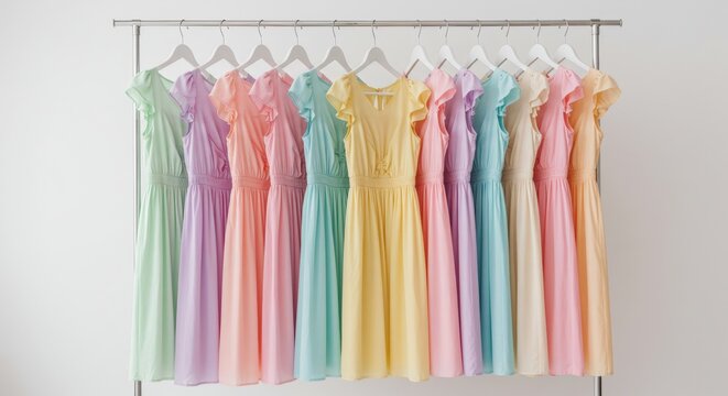 Colorful dresses hanging rack rainbow pastel collection fashion. Women clothing store display retail wardrobe. Style boutique shopping concept - Powered by Adobe