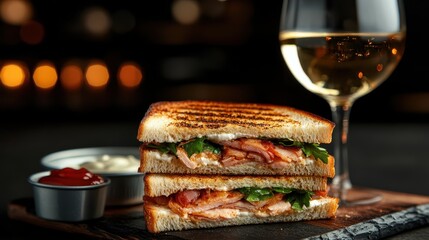 A delectable close-up of a gourmet sandwich paired with a glass of white wine, meticulously styled to convey luxury and the joy of culinary experiences.