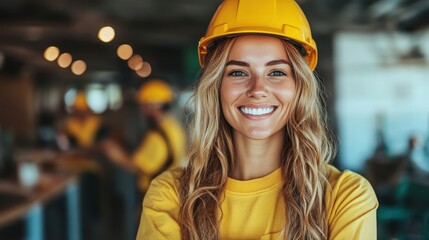 A confident woman wearing a yellow hard hat radiates positivity and professionalism while posing for a portrait in a bustling construction environment filled with energy and activity.