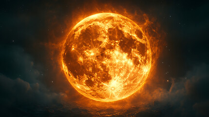 Obraz premium Fiery Celestial Orb Burning Moon in Cosmic Night