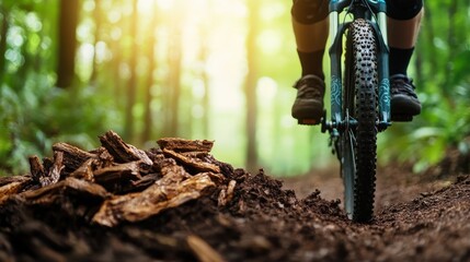 An adventurous mountain biker rides through a scenic forest trail, surrounded by lush greenery and wooden elements, capturing the thrill of outdoor sports.