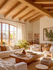 Scandinavian minimalist living room with mid-century inspired furniture, wooden beams, clean surfaces, soft textiles, plenty of daylight