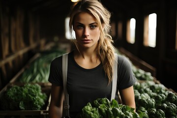 A young woman stands confidently in a barn, surrounded by fresh vegetables, highlighting the beauty of agriculture and connection to nature's bounty in an organic setting.