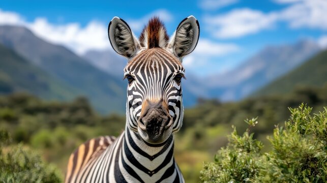 A zebra stands proudly in its natural habitat with a striking landscape in the background, showcasing the beauty and power of wildlife in a pristine outdoor environment. - Powered by Adobe