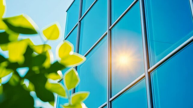 Sky-High Reflections: A modern architectural marvel, its shimmering glass facade mirroring the clear blue sky, punctuated by vibrant green foliage in the foreground.