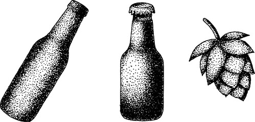Hyper detailed stippling ink illustration of bottles and hop leaf for beverage design
