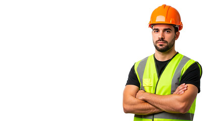 A construction worker in a hard hat and safety vest looks serious with crossed arms.