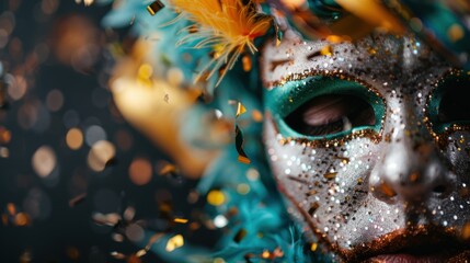 A close-up of a decorated mask adorned with sparkles and vibrant colors, conveying the excitement and joy of celebrations and the mysterious allure of festive events.