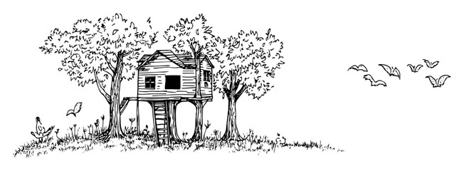 treehouse in forest landscape sketch © Kaz