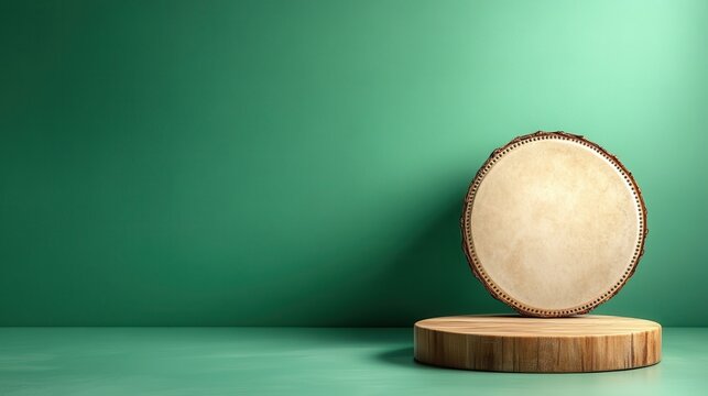 A beautifully crafted traditional drum set resting on a wooden platform, highlighting the art of music production with a minimalist approach against a simple green background.