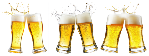 PNG Three pairs of clinking beer glasses with splashes element set on transparent background.
