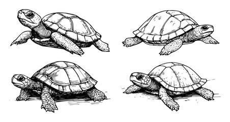 walking turtles group illustration vector black doodle sketch