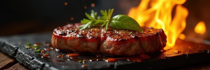 Sizzling beef steak, flames dancing nearby, ready to serve , delicious, tenderloin, grilled