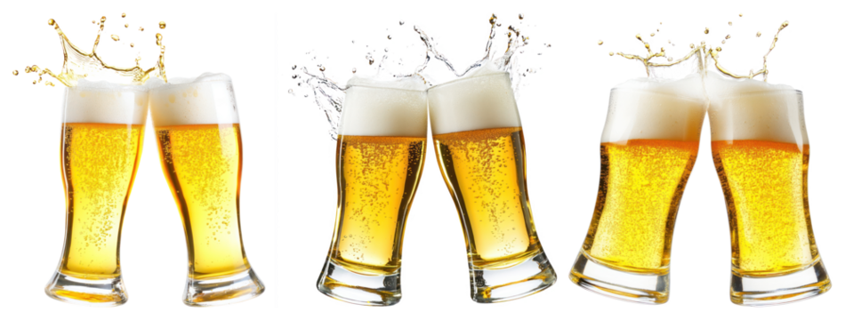 PNG Three pairs of clinking beer glasses with splashes element set on transparent background.