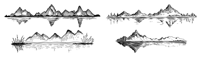 Fototapeta premium mountain ranges with lake reflections vector laser cutting engraving doodle shape