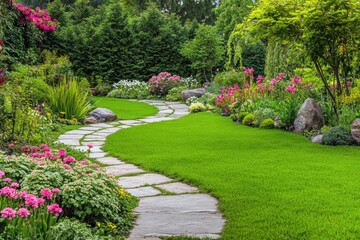 Fototapeta premium Lawn with garden trail and colorful flowers