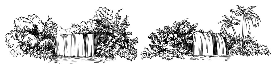 tropical waterfalls surrounded by plants doodle vector sketch