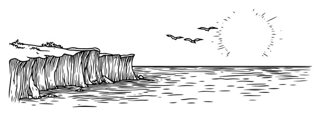 sea cliffs at sunset with flying birds