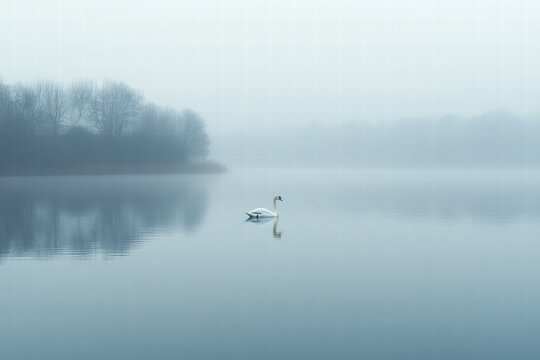 Tranquil mountain lake with fog and trees