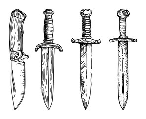 collection of hand drawn combat knives and daggers