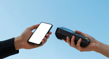 Hands holding smartphone and payment terminal for contactless payment. Mobile banking and digital transaction concept. NFC technology and cashless payment