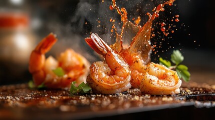 Juicy shrimp sizzling on a skillet, coated in aromatic spices and complemented by a splash of tangy sauce, create an enticing culinary masterpiece that tantalizes the senses.