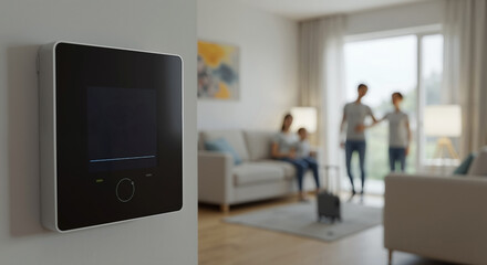 Smart home control panel with black display mounted on wall. Family standing in modern living room background. Home automation technology. Smart home services, energy efficiency solutions