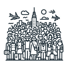 Obraz premium Crowd of diverse people in city with skyscrapers and airplanes above. Tourist overcrowding 
