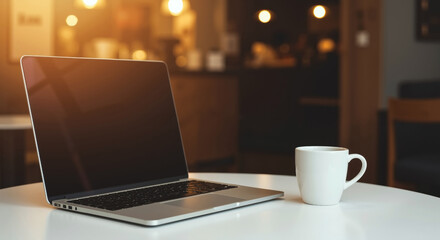 Laptop computer with white coffee cup on wooden table in warm cafe setting. Modern workspace with hot beverage and bokeh lights background. Remote work concept. Coworking services, cafe business