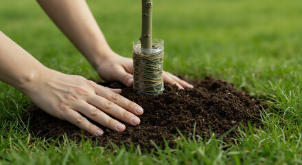 Hands protecting young tree sapling wrapped in burlap on green grass. Woman planting small tree with protective covering in garden soil. Tree planting concept. Landscaping services, nursery sale