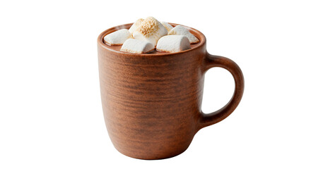 A rustic mug filled with rich hot chocolate, topped with toasted marshmallows.