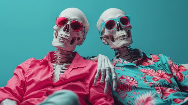 Two stylish skeletons wear vibrant sunglasses and tropical shirts as they pose playfully together, presenting a quirky and humorous take on life and relaxation in a fun artistic style.