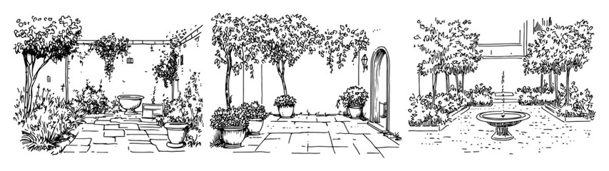 garden patio scene with plants and stone path
