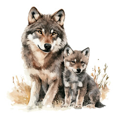 watercolor vector of A Mother Wolf With Her Kid, high quality, isolated on a white background. © AMIDCO