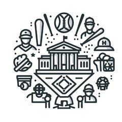 Naklejka premium Baseball-themed illustration with players, equipment, and stadium 