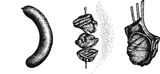 Hyper detailed stippling ink illustrations of meat cuts and skewer for culinary design