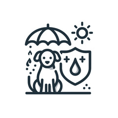 Dog sitting under umbrella with sun and shield symbolizing protection  