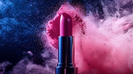 Vibrant Pink Lipstick Surrounded by Colorful Powder Splashes