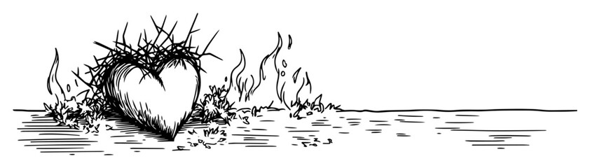 flaming heart with crown of thorns on ground