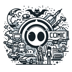 Comic-themed illustration featuring characters, vehicles, and icons  