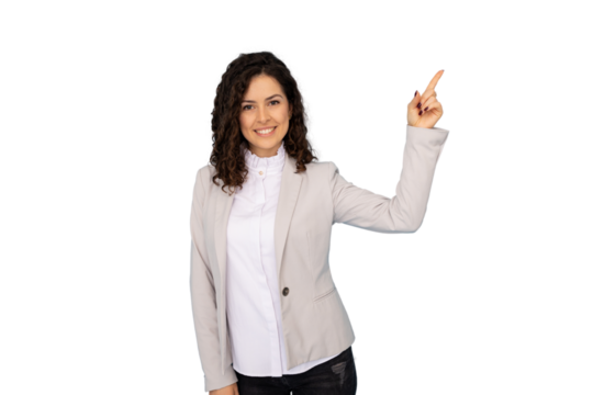 Professional businesswoman gesturing upward, index finger raised, isolated studio portrait highlighting confident corporate expression