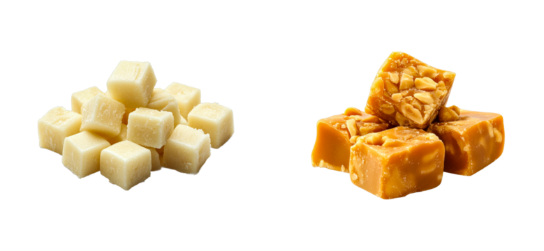 Delicious fudge and sugar cubes dessert in light. Cut out png set