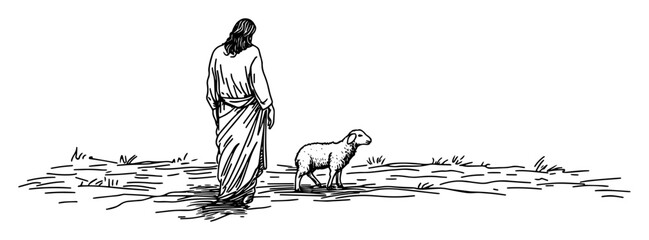jesus walking with lamb on peaceful path © Kaz