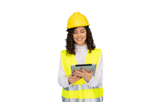 Young woman architect wearing safety helmet and vest holding tablet, looking at it and smiling, isolated on transparent background